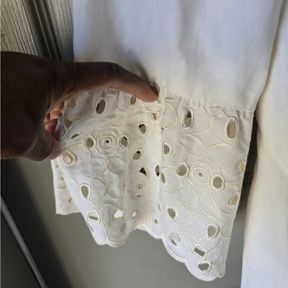 $240 Nipon Boutique Linen Blend Blazer Jacket Women 6 Lace Flare Sleeve Eyelet - Picture 12 of 14